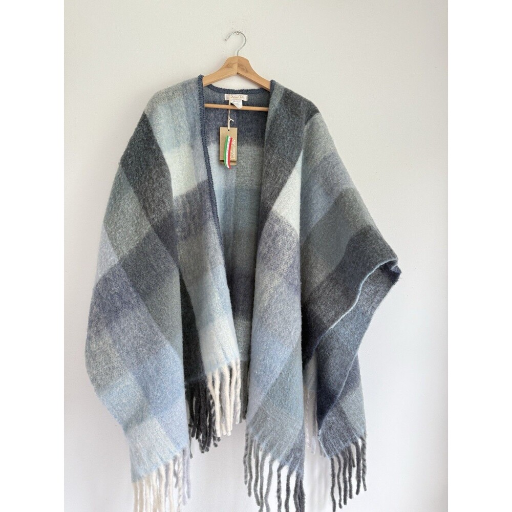 ✿ Cristina Chiti Made in Italy Wool Blend Plaid Fringe Poncho Wrap Shawl Blue